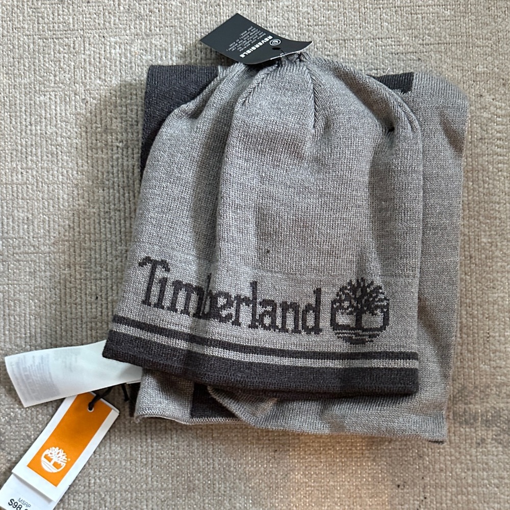 Timberland Charcoal Knit Beanie and Scarf Set